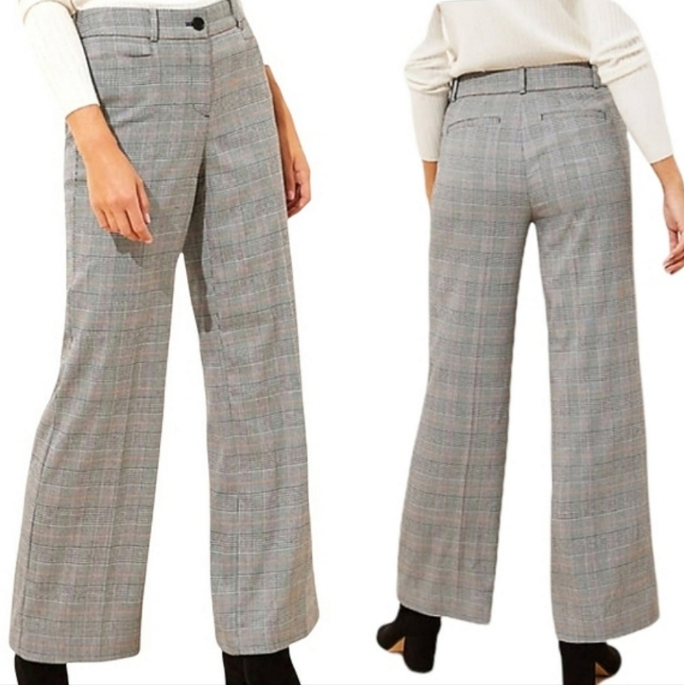 LOFT Plaid High Waist Wide Leg Trouser